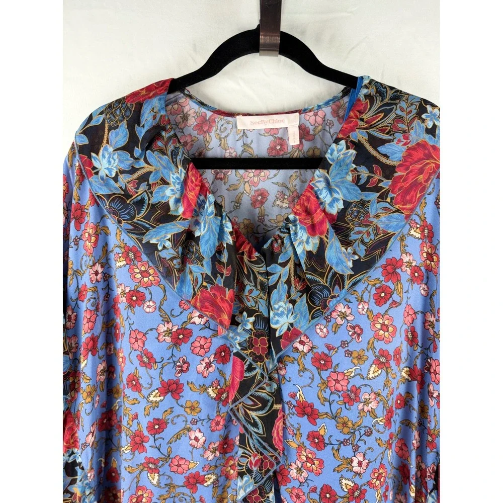 See‎ By Chloe Blue Dream Floral Silk Ruffle Kaftan Dress  Size 36